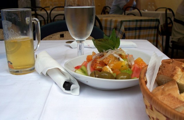 rustic salad, bread & beer, lunch in Syracuse, Sicily